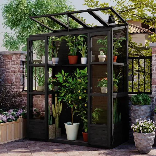 Main image of Wooden Greenhouse with 4 Independent Skylights and 2 Folding Middle Shelves for Lawn, Outdoor Walk-in Green House with Four Metal Brackets At Bottom for Growing Flowers, Plants (Black)