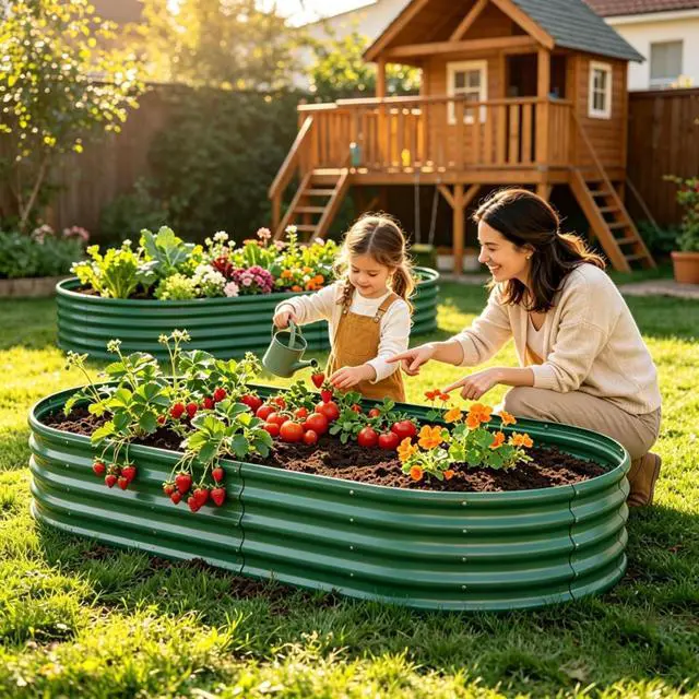 Alt view image 4 of 7 - Raised Garden Bed Kit with Open Bottom Design for Poolside, Backyard, Porch, Outdoor Galvanized Planter Box with Curved Panel for Growing Flowers, Vegetables, Herbs (2Pcs 8x4x1ft Green)