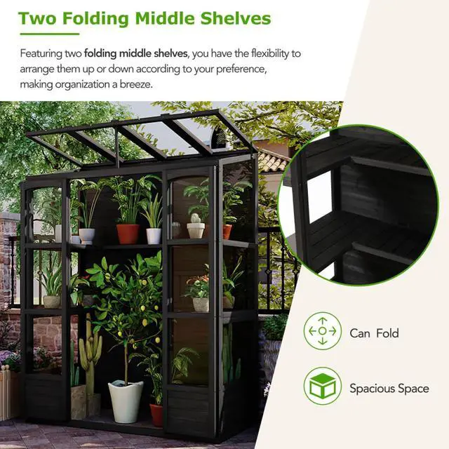 Alt view image 4 of 7 - Wooden Greenhouse with 4 Independent Skylights and 2 Folding Middle Shelves for Lawn, Outdoor Walk-in Green House with Four Metal Brackets At Bottom for Growing Flowers, Plants (Black)