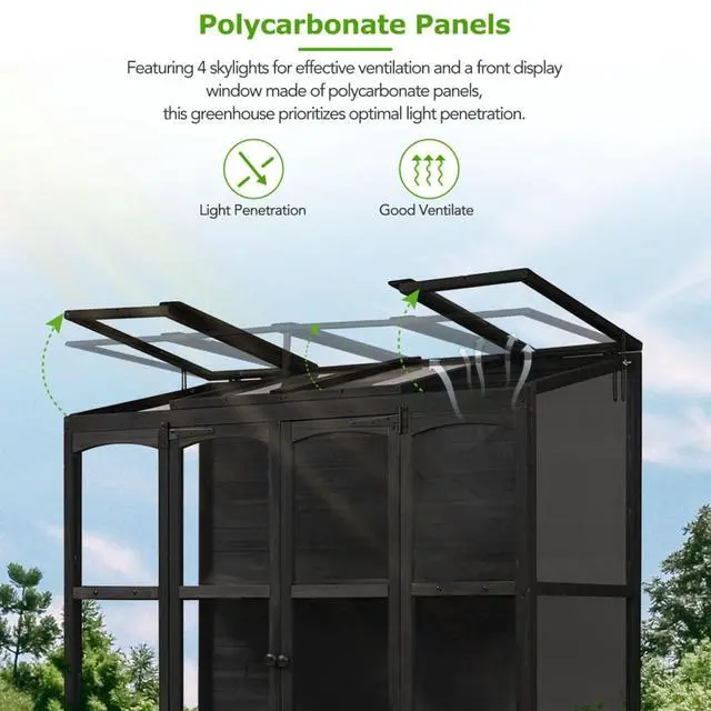 Alt view image 5 of 7 - Wooden Greenhouse with 4 Independent Skylights and 2 Folding Middle Shelves for Lawn, Outdoor Walk-in Green House with Four Metal Brackets At Bottom for Growing Flowers, Plants (Black)