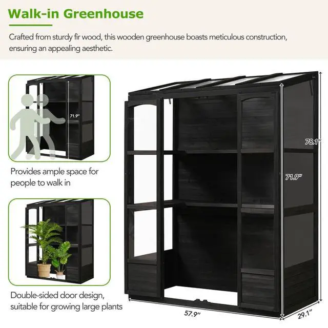 Alt view image 2 of 7 - Wooden Greenhouse with 4 Independent Skylights and 2 Folding Middle Shelves for Lawn, Outdoor Walk-in Green House with Four Metal Brackets At Bottom for Growing Flowers, Plants (Black)
