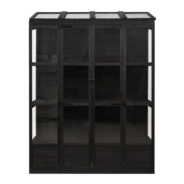 Alt view image 7 of 7 - Wooden Greenhouse with 4 Independent Skylights and 2 Folding Middle Shelves for Lawn, Outdoor Walk-in Green House with Four Metal Brackets At Bottom for Growing Flowers, Plants (Black)
