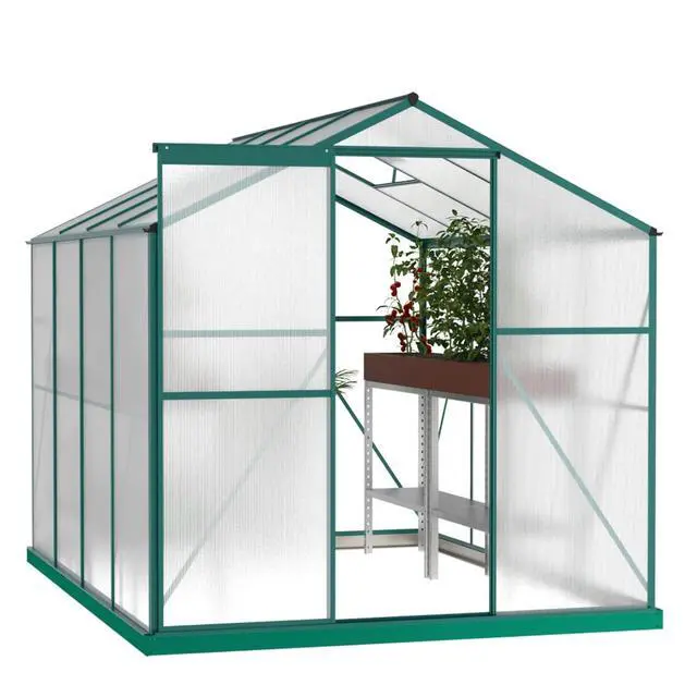 Alt view image 2 of 7 - Outdoor Polycarbonate Greenhouse w/Adjustable Roof Vent and Aluminum Frame for Backyard, Lawn, Durable Plant Tent Green Houses w/Sliding Door for Growing Plants, Flowers