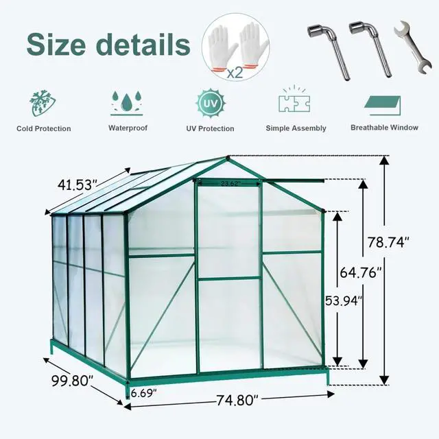 Alt view image 3 of 7 - Outdoor Polycarbonate Greenhouse w/Adjustable Roof Vent and Aluminum Frame for Backyard, Lawn, Durable Plant Tent Green Houses w/Sliding Door for Growing Plants, Flowers