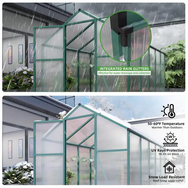 Alt view image 4 of 7 - Walk-in Greenhouse with Adjustable Roof and Built-in Gutter System for Backyard, Lawn, Outdoor Plant Tent with Aluminum Alloy Frame and Sliding Door for Growing Plants, Flowers