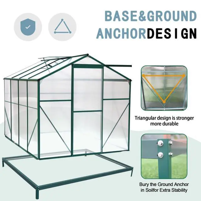 Alt view image 6 of 7 - Outdoor Polycarbonate Greenhouse w/Adjustable Roof Vent and Aluminum Frame for Backyard, Lawn, Durable Plant Tent Green Houses w/Sliding Door for Growing Plants, Flowers