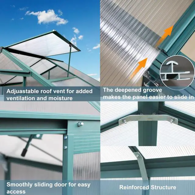 Alt view image 7 of 7 - Outdoor Polycarbonate Greenhouse w/Adjustable Roof Vent and Aluminum Frame for Backyard, Lawn, Durable Plant Tent Green Houses w/Sliding Door for Growing Plants, Flowers