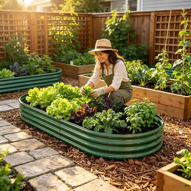 Alt view image 5 of 7 - Raised Garden Bed Kit with Open Bottom Design for Poolside, Backyard, Porch, Outdoor Galvanized Planter Box with Curved Panel for Growing Flowers, Vegetables, Herbs (2Pcs 8x4x1ft Green)