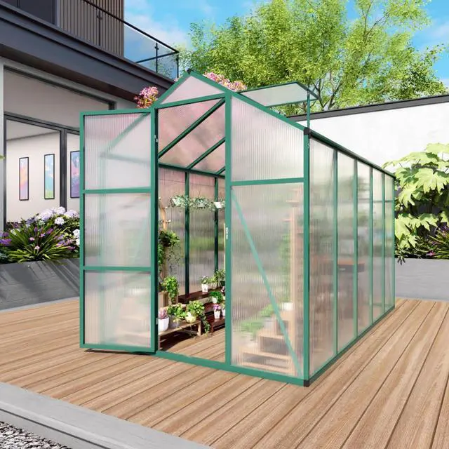 Main image of Walk-in Polycarbonate Greenhouse with Aluminum Frame and Double-Door Gate for Growing Flowers, Herbs, Plants, Outdoor Plant Tent with Drainage Gutter System for Backyard, Lawn (6x10FT+Green)
