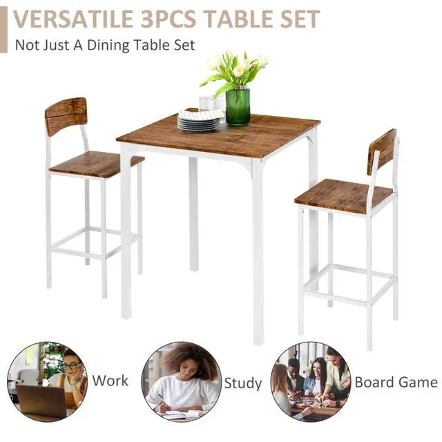 Alt view image 4 of 7 - 3-Piece Square Kitchen Table Set with Counter Height Table and 2 Chairs for Small Places, Industrial Dining Table and Chairs Set with Sturdy Steel Frame for Bar Cafe