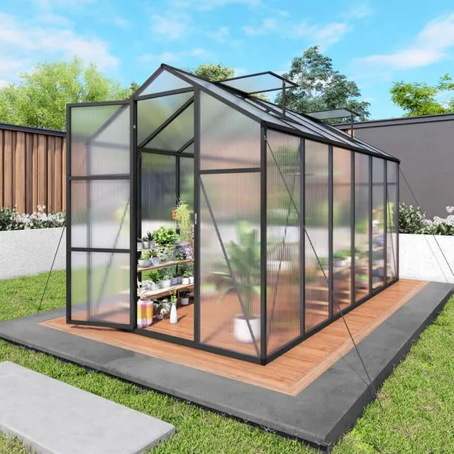 Main image of Walk-in Polycarbonate Greenhouse with Aluminum Frame and Double-Door Gate for Growing Flowers, Herbs, Plants, Outdoor Plant Tent with Drainage Gutter System for Backyard, Lawn (New+6x12FT)