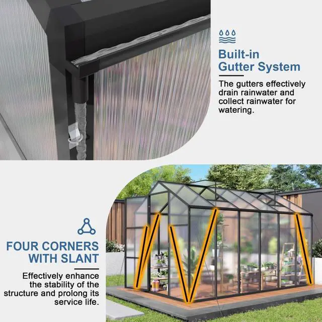 Alt view image 4 of 7 - Walk-in Polycarbonate Greenhouse with Aluminum Frame and Double-Door Gate for Growing Flowers, Herbs, Plants, Outdoor Plant Tent with Drainage Gutter System for Backyard, Lawn (New+6x12FT)