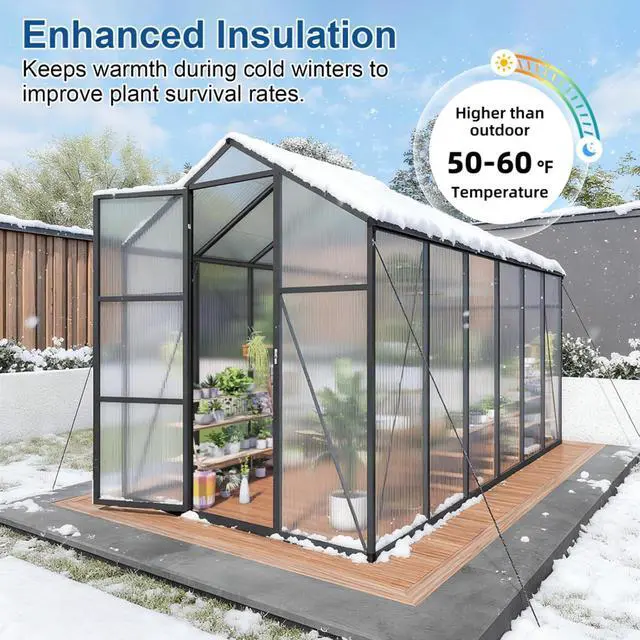 Alt view image 5 of 7 - Walk-in Polycarbonate Greenhouse with Aluminum Frame and Double-Door Gate for Growing Flowers, Herbs, Plants, Outdoor Plant Tent with Drainage Gutter System for Backyard, Lawn (New+6x12FT)