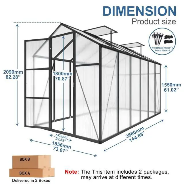 Alt view image 7 of 7 - Walk-in Polycarbonate Greenhouse with Aluminum Frame and Double-Door Gate for Growing Flowers, Herbs, Plants, Outdoor Plant Tent with Drainage Gutter System for Backyard, Lawn (New+6x12FT)