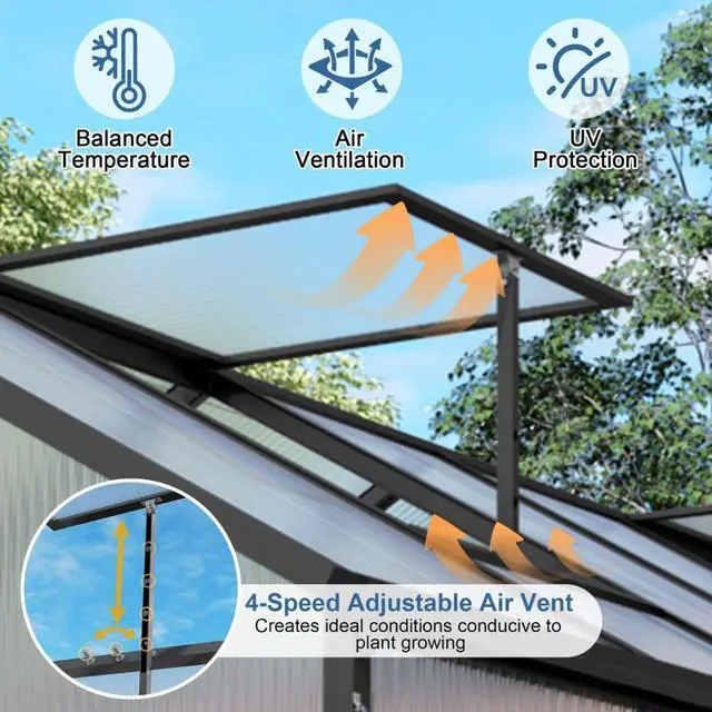 Alt view image 2 of 7 - Walk-in Polycarbonate Greenhouse with Aluminum Frame and Double-Door Gate for Growing Flowers, Herbs, Plants, Outdoor Plant Tent with Drainage Gutter System for Backyard, Lawn (New+6x12FT)
