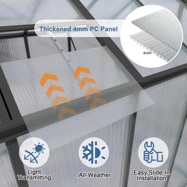 Alt view image 3 of 7 - Walk-in Polycarbonate Greenhouse with Aluminum Frame and Double-Door Gate for Growing Flowers, Herbs, Plants, Outdoor Plant Tent with Drainage Gutter System for Backyard, Lawn (New+6x12FT)