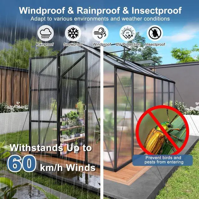 Alt view image 6 of 7 - Walk-in Polycarbonate Greenhouse with Aluminum Frame and Double-Door Gate for Growing Flowers, Herbs, Plants, Outdoor Plant Tent with Drainage Gutter System for Backyard, Lawn (New+6x12FT)