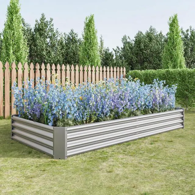 Alt view image 2 of 7 - 2 Pieces Metal Raised Bed with Open Bottom Design for Backyard, Lawn, Poolside, Outdoor Planter Box with Anti-Rust Iron Frame for Growing Flowers, Vegetables, Plants (8x4x1FT Silver 2PCS)