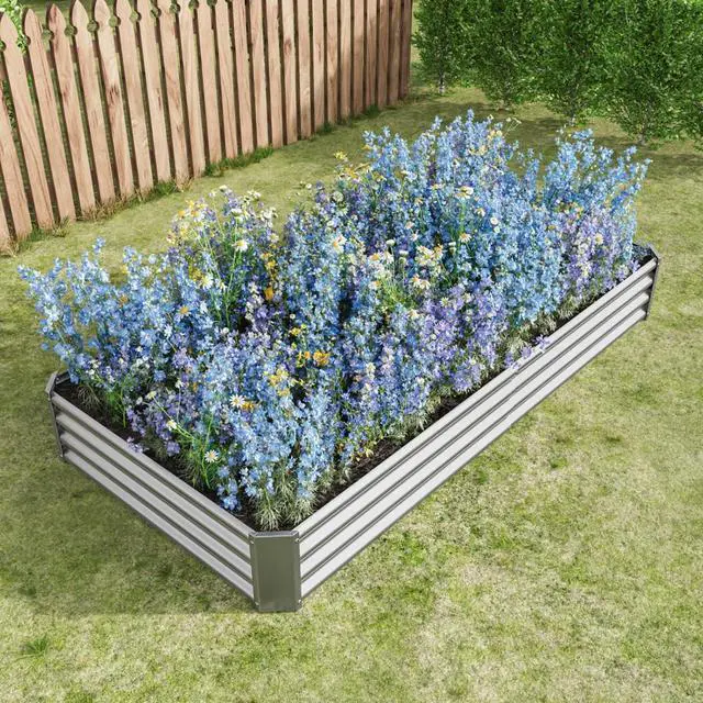 Alt view image 3 of 7 - 2 Pieces Metal Raised Bed with Open Bottom Design for Backyard, Lawn, Poolside, Outdoor Planter Box with Anti-Rust Iron Frame for Growing Flowers, Vegetables, Plants (8x4x1FT Silver 2PCS)