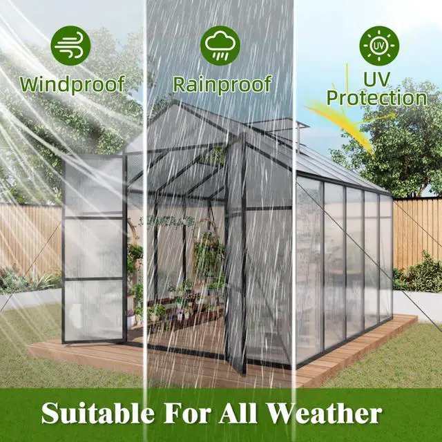 Alt view image 2 of 7 - Walk-in Polycarbonate Greenhouse with Aluminum Frame and Double-Door Gate for Growing Flowers, Herbs, Plants, Outdoor Plant Tent with Drainage Gutter System for Backyard, Lawn (8x10FT+Black)