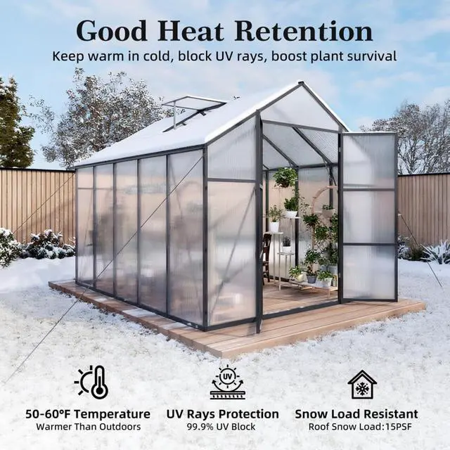 Alt view image 3 of 7 - Walk-in Polycarbonate Greenhouse with Aluminum Frame and Double-Door Gate for Growing Flowers, Herbs, Plants, Outdoor Plant Tent with Drainage Gutter System for Backyard, Lawn (8x10FT+Black)