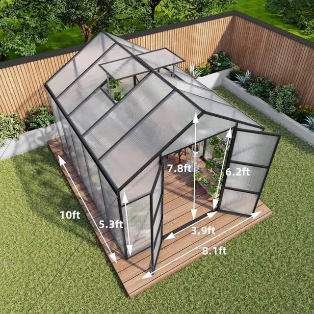 Alt view image 6 of 7 - Walk-in Polycarbonate Greenhouse with Aluminum Frame and Double-Door Gate for Growing Flowers, Herbs, Plants, Outdoor Plant Tent with Drainage Gutter System for Backyard, Lawn (8x10FT+Black)