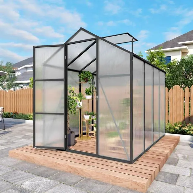 Main image of Walk-in Polycarbonate Greenhouse with Aluminum Frame and Double-Door Gate for Growing Flowers, Herbs, Plants, Outdoor Plant Tent with Drainage Gutter System for Backyard, Lawn (6x8FT+Black)