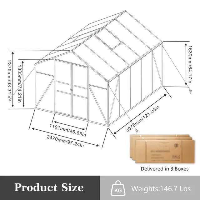 Alt view image 7 of 7 - Walk-in Polycarbonate Greenhouse with Aluminum Frame and Double-Door Gate for Growing Flowers, Herbs, Plants, Outdoor Plant Tent with Drainage Gutter System for Backyard, Lawn (8x10FT+Black)