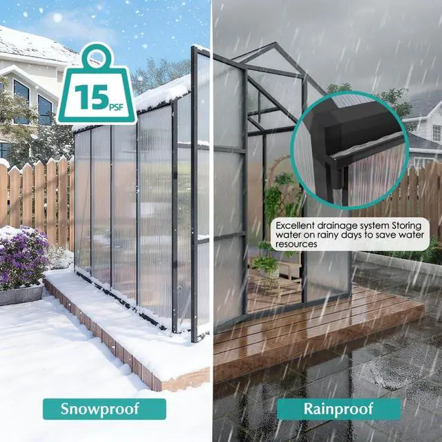 Alt view image 2 of 7 - Walk-in Polycarbonate Greenhouse with Aluminum Frame and Double-Door Gate for Growing Flowers, Herbs, Plants, Outdoor Plant Tent with Drainage Gutter System for Backyard, Lawn (6x8FT+Black)