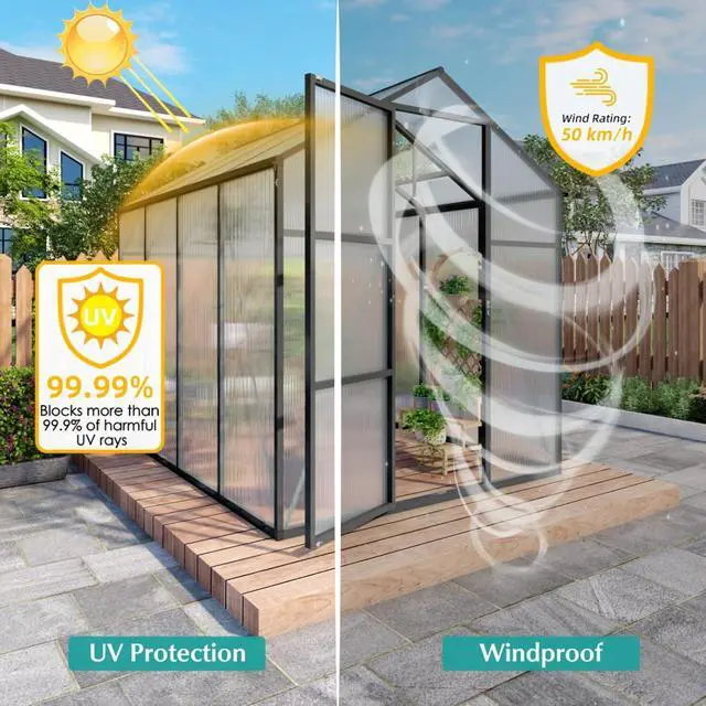Alt view image 3 of 7 - Walk-in Polycarbonate Greenhouse with Aluminum Frame and Double-Door Gate for Growing Flowers, Herbs, Plants, Outdoor Plant Tent with Drainage Gutter System for Backyard, Lawn (6x8FT+Black)