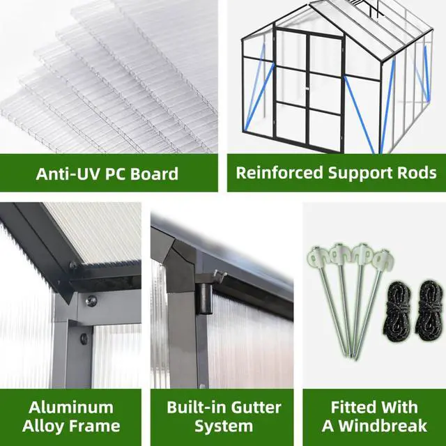 Alt view image 5 of 7 - Walk-in Polycarbonate Greenhouse with Aluminum Frame and Double-Door Gate for Growing Flowers, Herbs, Plants, Outdoor Plant Tent with Drainage Gutter System for Backyard, Lawn (8x10FT+Black)