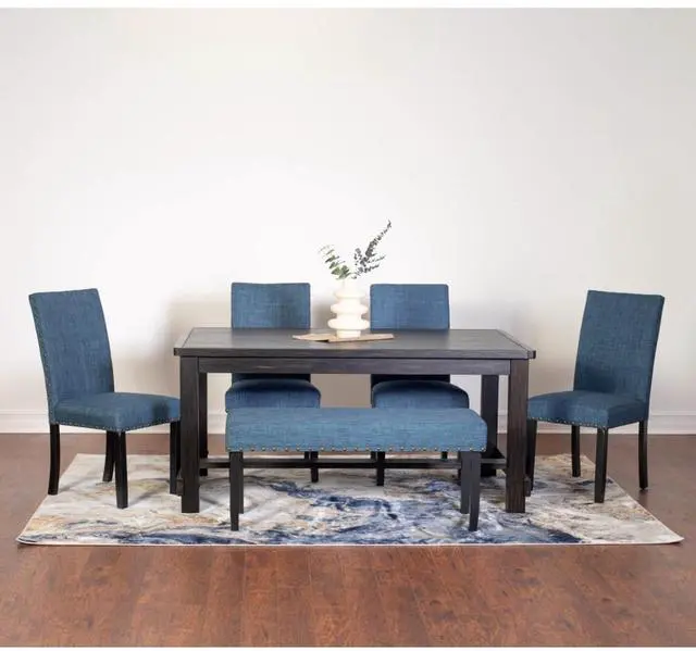 Main image of 6-Piece Retro Kitchen Set with Rectangular Table and 4 High Back Chairs & 1 Bench for 6, Vintage Dinner Table Set with Brass Nailhead Trim & Footrest for Home Restaurant (Blue)