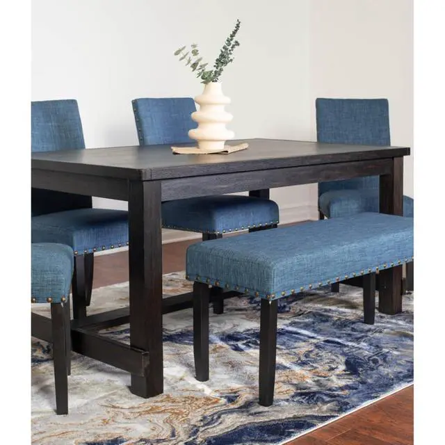 Alt view image 2 of 7 - 6-Piece Retro Kitchen Set with Rectangular Table and 4 High Back Chairs & 1 Bench for 6, Vintage Dinner Table Set with Brass Nailhead Trim & Footrest for Home Restaurant (Blue)