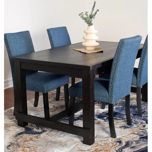 Alt view image 3 of 7 - 6-Piece Retro Kitchen Set with Rectangular Table and 4 High Back Chairs & 1 Bench for 6, Vintage Dinner Table Set with Brass Nailhead Trim & Footrest for Home Restaurant (Blue)