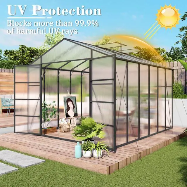 Alt view image 2 of 7 - Greenhouse with Aluminium Alloy Frame and High Headroom for Growing Plants, Flowers, Outdoor Plant Green Houses with Drainage Gutter System and Double Door Design for Backyard