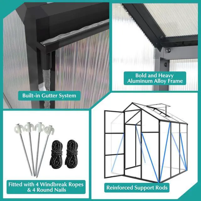 Alt view image 5 of 7 - Walk-in Polycarbonate Greenhouse with Aluminum Frame and Double-Door Gate for Growing Flowers, Herbs, Plants, Outdoor Plant Tent with Drainage Gutter System for Backyard, Lawn (6x8FT+Black)