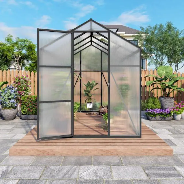 Alt view image 7 of 7 - Walk-in Polycarbonate Greenhouse with Aluminum Frame and Double-Door Gate for Growing Flowers, Herbs, Plants, Outdoor Plant Tent with Drainage Gutter System for Backyard, Lawn (6x8FT+Black)
