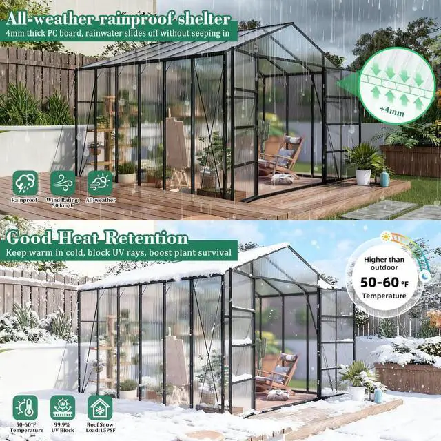 Alt view image 3 of 7 - Walk-in Polycarbonate Greenhouse with Aluminum Frame and Double-Door Gate for Growing Flowers, Herbs, Plants, Outdoor Plant Tent with Drainage Gutter System for Backyard, Lawn (10x12FT+Black)