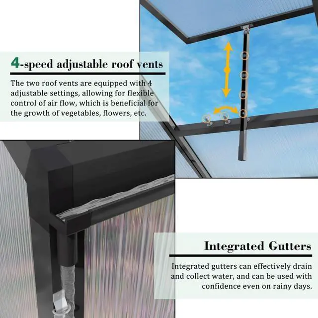 Alt view image 4 of 7 - Greenhouse with Aluminium Alloy Frame and High Headroom for Growing Plants, Flowers, Outdoor Plant Green Houses with Drainage Gutter System and Double Door Design for Backyard