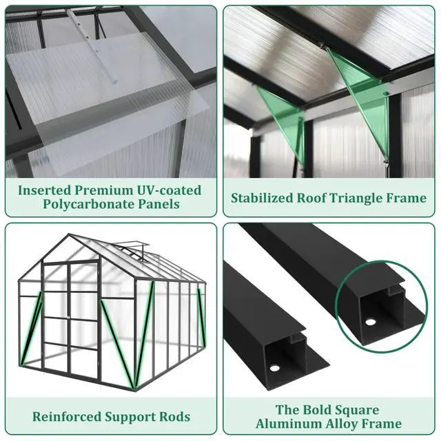 Alt view image 5 of 7 - Greenhouse with Aluminium Alloy Frame and High Headroom for Growing Plants, Flowers, Outdoor Plant Green Houses with Drainage Gutter System and Double Door Design for Backyard