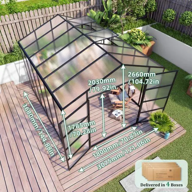 Alt view image 6 of 7 - Greenhouse with Aluminium Alloy Frame and High Headroom for Growing Plants, Flowers, Outdoor Plant Green Houses with Drainage Gutter System and Double Door Design for Backyard