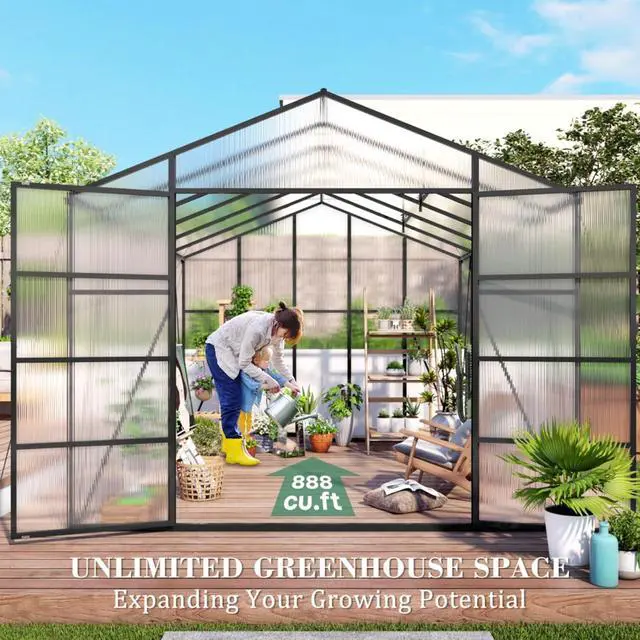 Alt view image 6 of 7 - Walk-in Polycarbonate Greenhouse with Aluminum Frame and Double-Door Gate for Growing Flowers, Herbs, Plants, Outdoor Plant Tent with Drainage Gutter System for Backyard, Lawn (10x12FT+Black)