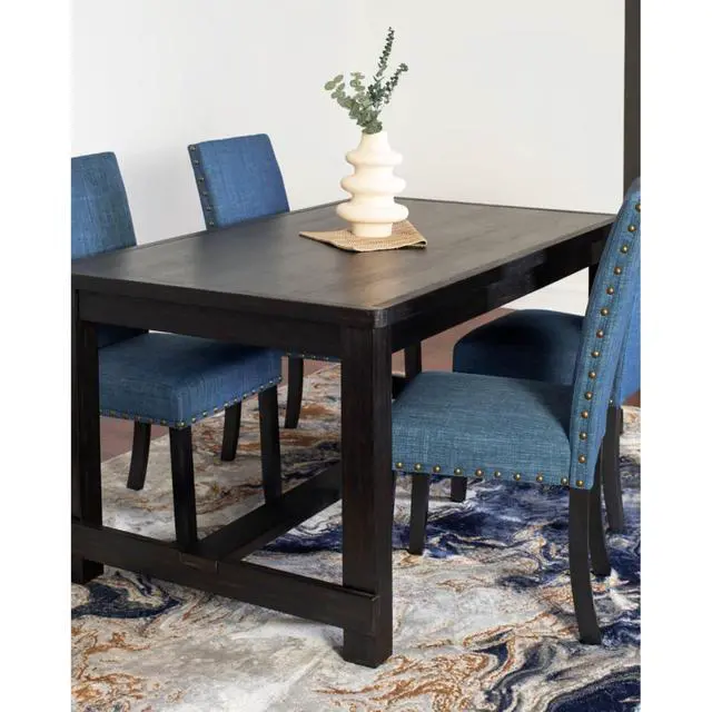 Alt view image 4 of 7 - 6-Piece Retro Kitchen Set with Rectangular Table and 4 High Back Chairs & 1 Bench for 6, Vintage Dinner Table Set with Brass Nailhead Trim & Footrest for Home Restaurant (Blue)
