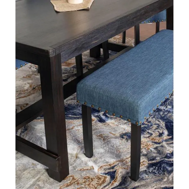 Alt view image 5 of 7 - 6-Piece Retro Kitchen Set with Rectangular Table and 4 High Back Chairs & 1 Bench for 6, Vintage Dinner Table Set with Brass Nailhead Trim & Footrest for Home Restaurant (Blue)