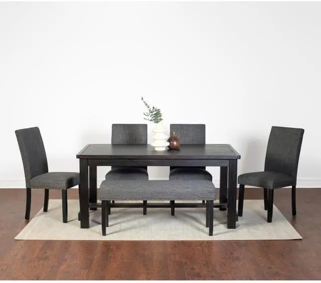 Main image of 6-Piece Retro Kitchen Set with Rectangular Table and 4 High Back Chairs & 1 Bench for 6, Vintage Dinner Table Set with Brass Nailhead Trim & Footrest for Home Restaurant (Gray)