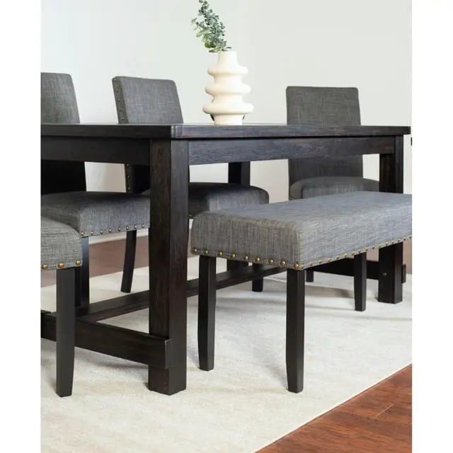 Alt view image 4 of 7 - 6-Piece Retro Kitchen Set with Rectangular Table and 4 High Back Chairs & 1 Bench for 6, Vintage Dinner Table Set with Brass Nailhead Trim & Footrest for Home Restaurant (Gray)
