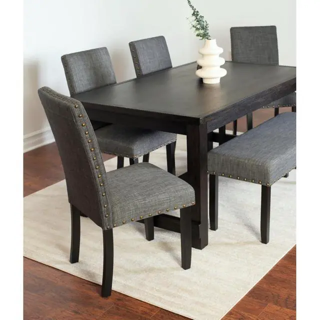 Alt view image 5 of 7 - 6-Piece Retro Kitchen Set with Rectangular Table and 4 High Back Chairs & 1 Bench for 6, Vintage Dinner Table Set with Brass Nailhead Trim & Footrest for Home Restaurant (Gray)