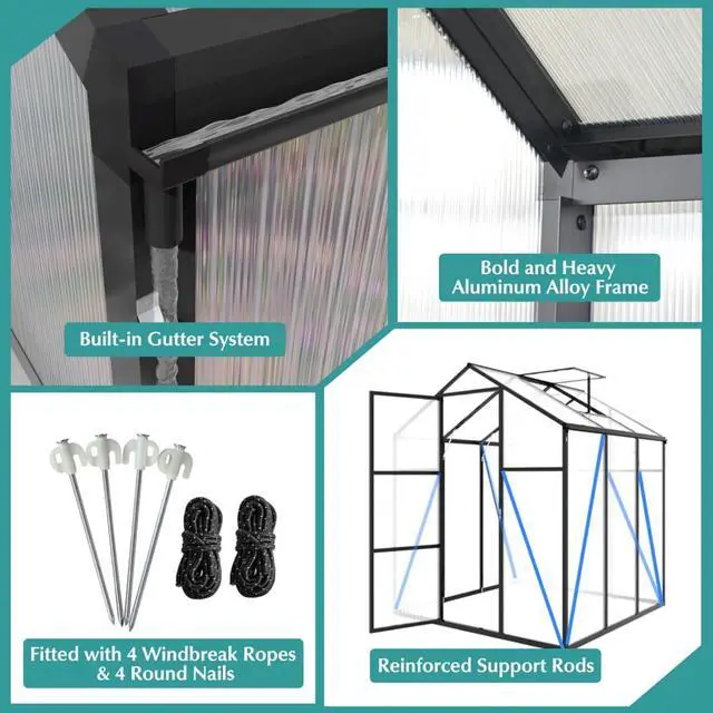 Alt view image 3 of 7 - Walk-in Polycarbonate Greenhouse with Aluminum Frame and Double-Door Gate for Growing Flowers, Herbs, Plants, Outdoor Plant Tent with Drainage Gutter System for Backyard, Lawn (6x6FT+Black)