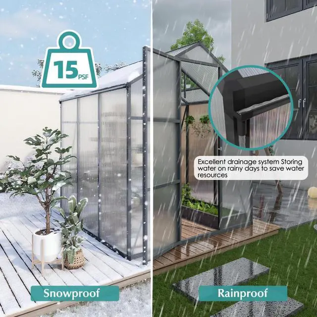 Alt view image 4 of 7 - Walk-in Polycarbonate Greenhouse with Aluminum Frame and Double-Door Gate for Growing Flowers, Herbs, Plants, Outdoor Plant Tent with Drainage Gutter System for Backyard, Lawn (6x6FT+Black)