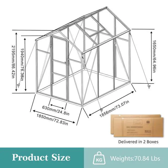 Alt view image 6 of 7 - Walk-in Polycarbonate Greenhouse with Aluminum Frame and Double-Door Gate for Growing Flowers, Herbs, Plants, Outdoor Plant Tent with Drainage Gutter System for Backyard, Lawn (6x6FT+Black)